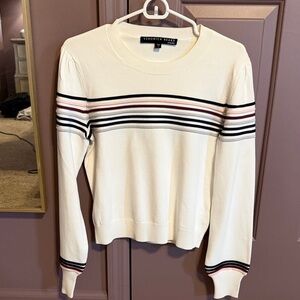 Veronica Beard Cream Sweater with Black and Pink Stripes